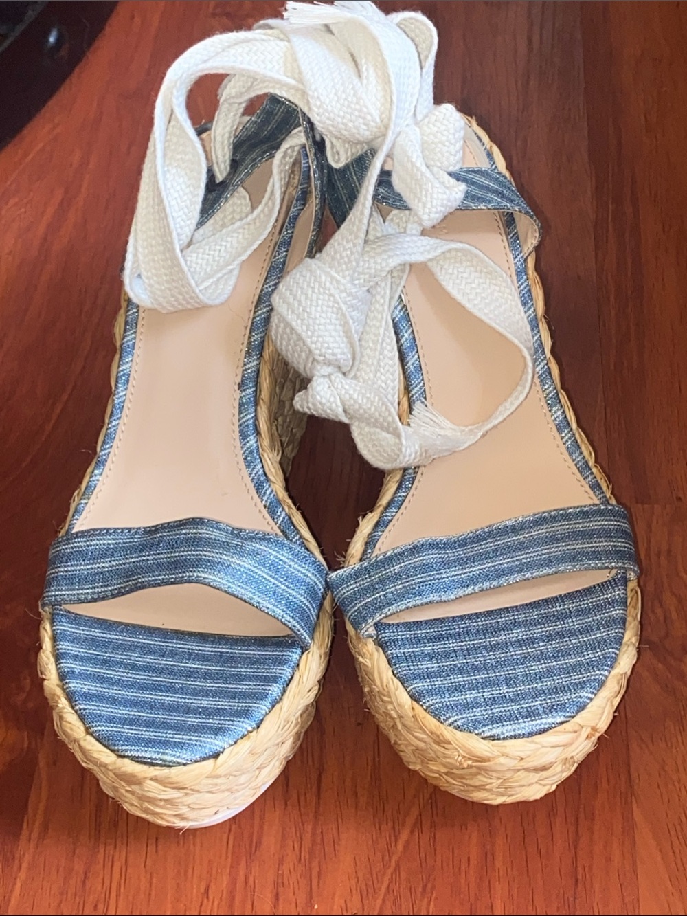Zara Blue Striped Espadrille Wedge Sandals with Cream Ankle Ties Size 9 - Picture 8 of 8